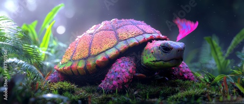  A tight shot of a turtle amidst a sea of green grass, sporting a pink flower at its hind end photo