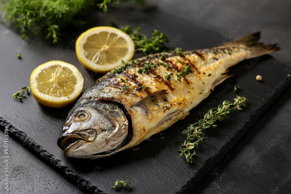 Grilled fish - dorado with herbs on the desk , ai Grilled fish - dorado with herbs on the desk , ai