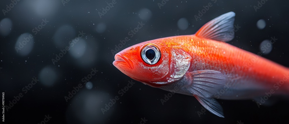 A tight shot of a red fish against a backdrop of blacks, surrounded by bubbles of water at its side A tight shot of a red fish against a backdrop of blacks, surrounded by bubbles of water at its side
