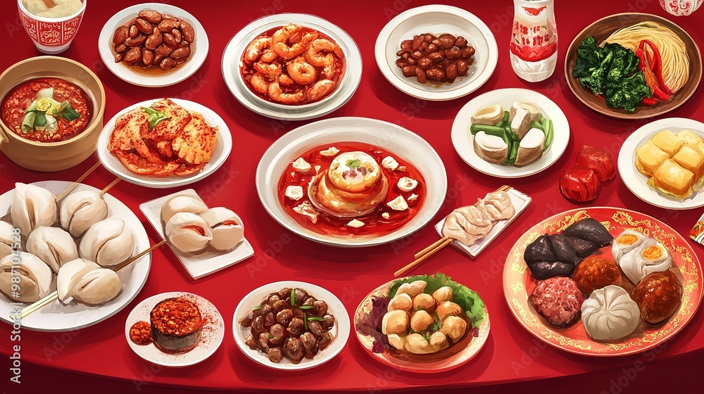 Hot Chines delicious food in red table
Hot Chines delicious food in red table