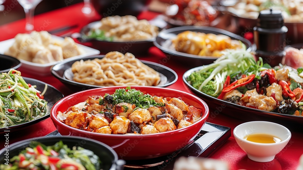 Hot Chines delicious food in red table
Hot Chines delicious food in red table