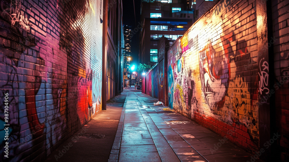 Nocna panorama ulicy z muralami w jaskrawych kolorach, które ożywiają przestrzeń miejską. Nocna panorama ulicy z muralami w jaskrawych kolorach, które ożywiają przestrzeń miejską.