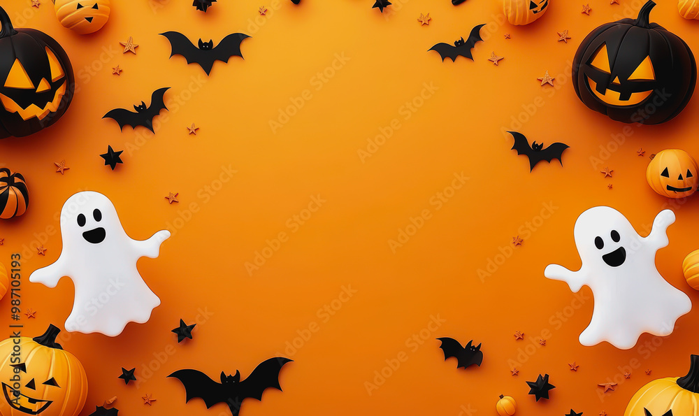 Cute ghosts, pumpkins, and bats on vibrant orange background with Halloween elements Cute ghosts, pumpkins, and bats on vibrant orange background with Halloween elements