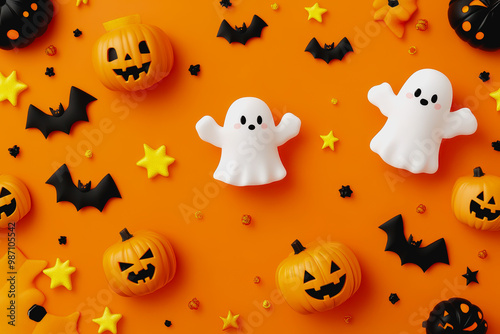 Cute ghosts, pumpkins, and bats on vibrant orange background with Halloween elements