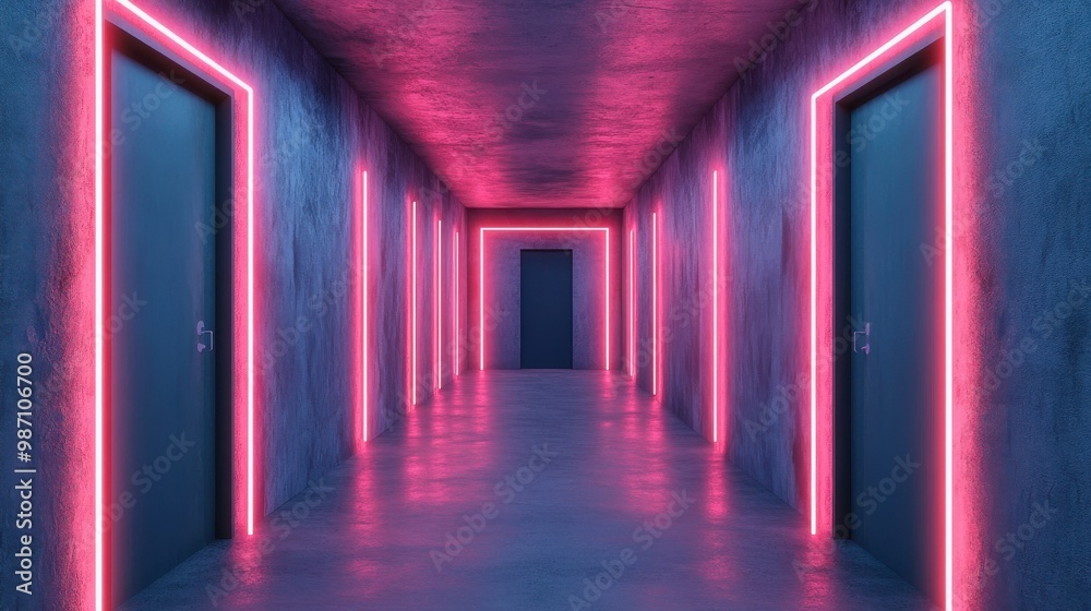 A vibrant hallway illuminated by pink neon lights, creating an atmospheric and modern setting, perfect for creative backgrounds. A vibrant hallway illuminated by pink neon lights, creating an atmospheric and modern setting, perfect for creative backgrounds.