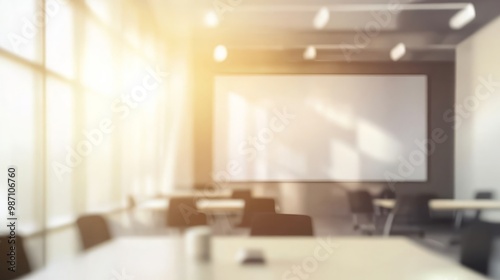 A blurry image of an office conference room with a large whiteboard and a desk in the foreground.