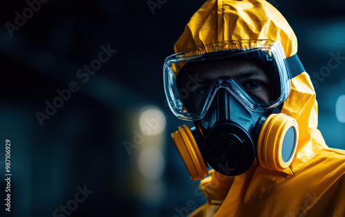 A figure in a yellow hazmat suit and mask stands against a dark backdrop, illustrating the importance of safety precautions in potentially hazardous environments. photo