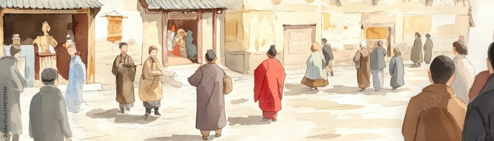 Naklejka premium A vibrant street scene depicting a mix of traditional attire and culture, capturing the essence of a bustling marketplace.