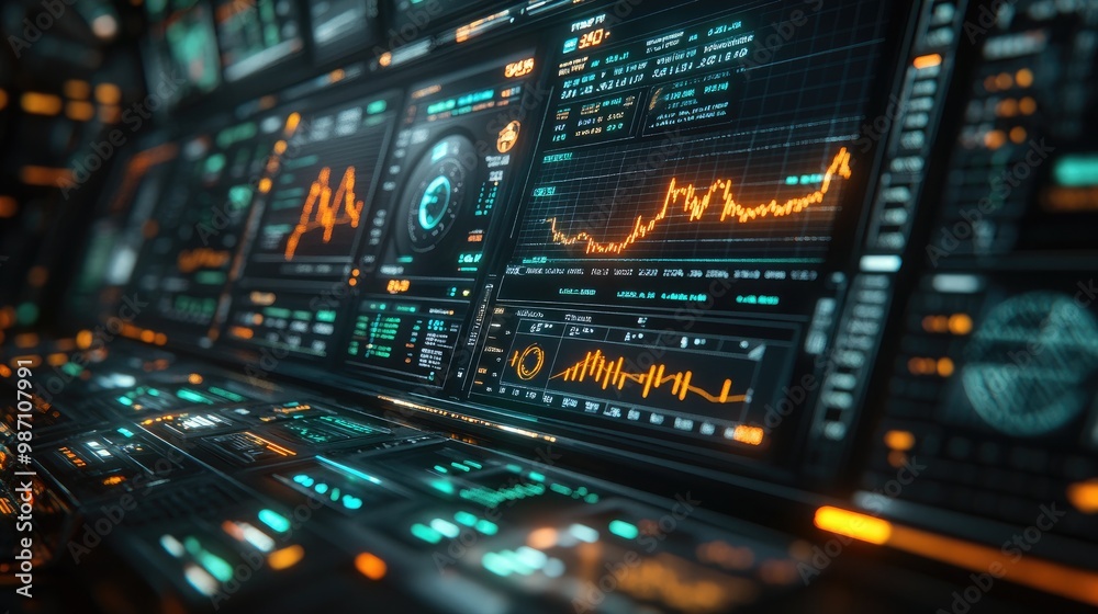 Fototapeta premium High-Tech Stock Market Dashboard Featuring Rising Charts for Financial Analysis and Reports