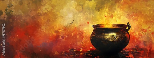 Vibrant Abstract Portrayal of Lakshmi s Golden Pot Symbolizing Endless Wealth and Blessings   An interpretation of the mythological golden pot associated with the Hindu goddess Lakshmi photo