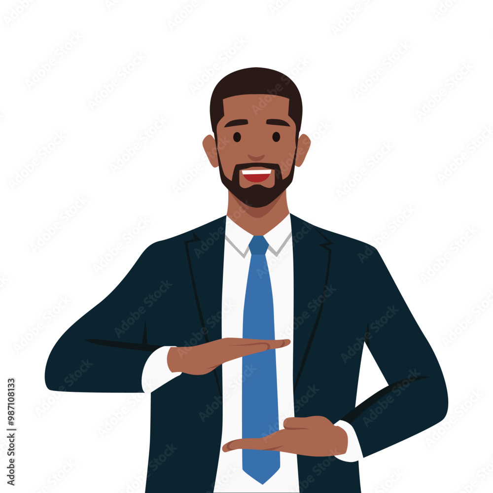 Man gesturing with hands showing big and large size sign, measure symbol. Flat vector illustration isolated on white background Man gesturing with hands showing big and large size sign, measure symbol. Flat vector illustration isolated on white background
