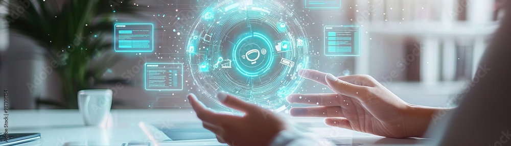 Business customer Service Quality CRM Virtual help desk interface projected as a hologram