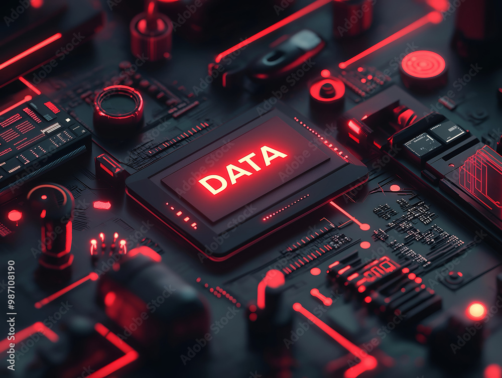 A circuit board with a chip labeled ‘DATA,’ highlighting data processing in technology. A circuit board with a chip labeled ‘DATA,’ highlighting data processing in technology.
