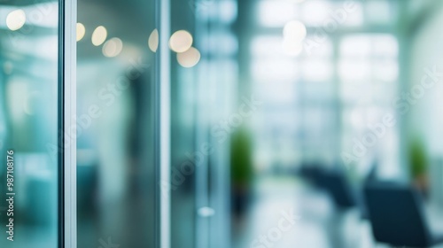 An out-of-focus shot of a modern office interior with glass walls and a blurred background.