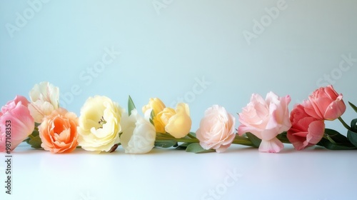 Pastel Flowers Lying Flat on White Table photo