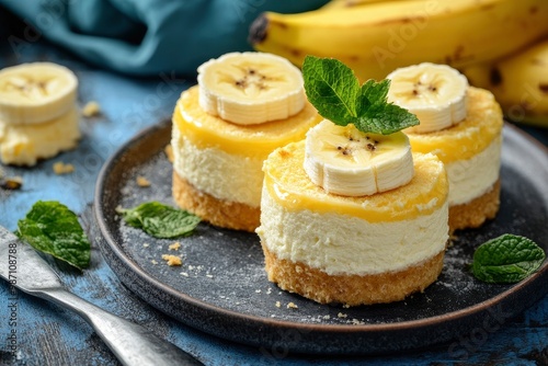 Breakfast. Delicious cheesecakes with ripe banana, ai