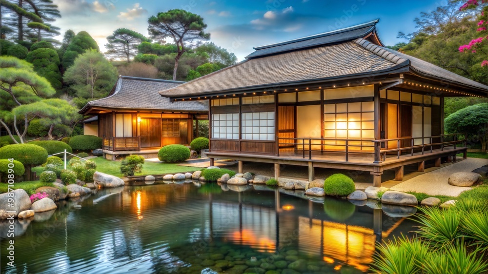 Fototapeta premium a house with a driveway and a lawn