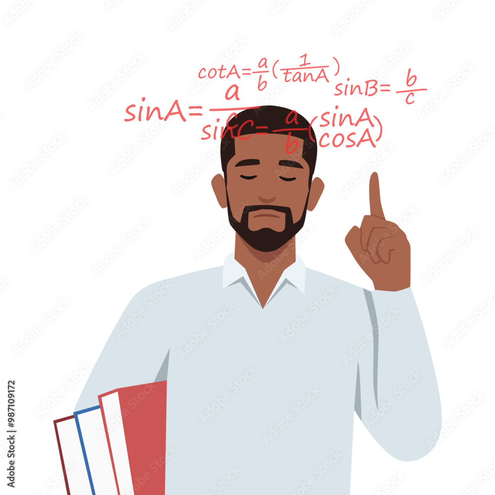 Young man thinks study math. Scientists with mathematical formulas and schemes. Flat vector illustration isolated on white background Young man thinks study math. Scientists with mathematical formulas and schemes. Flat vector illustration isolated on white background