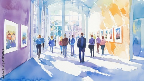 A vibrant watercolor painting of an art gallery with people admiring colorful artworks under bright light.