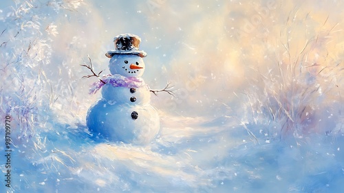 Elegant Snowman in a Snowy Scene with Soft Pastel Colors