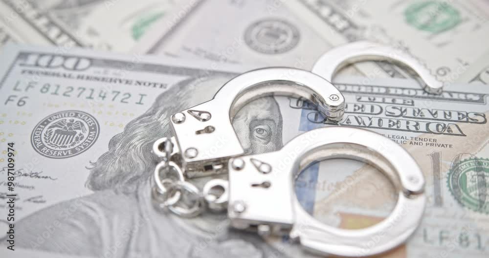 The intersection of money and crime, financial fraud, money laundering and counterfeiting, legal repercussions : 100 US dollar and handcuffs, depicting dirty money obtained by illicit corruption. The intersection of money and crime, financial fraud, money laundering and counterfeiting, legal repercussions : 100 US dollar and handcuffs, depicting dirty money obtained by illicit corruption.