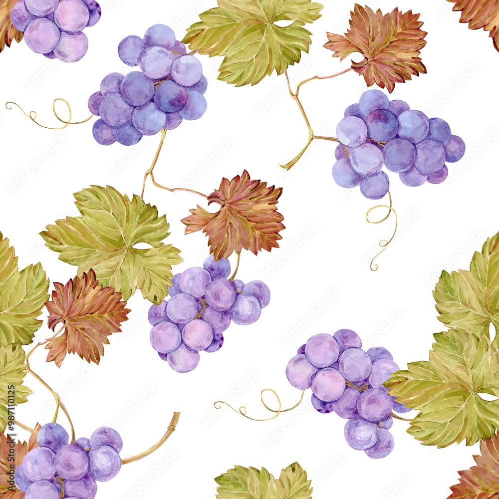 Fototapeta premium Seamless background with grapevine. Watercolor lilac autumn grape berries and leaves. Illustrations for wine label design, grape juice, restaurant menu and for grape festival decoration.