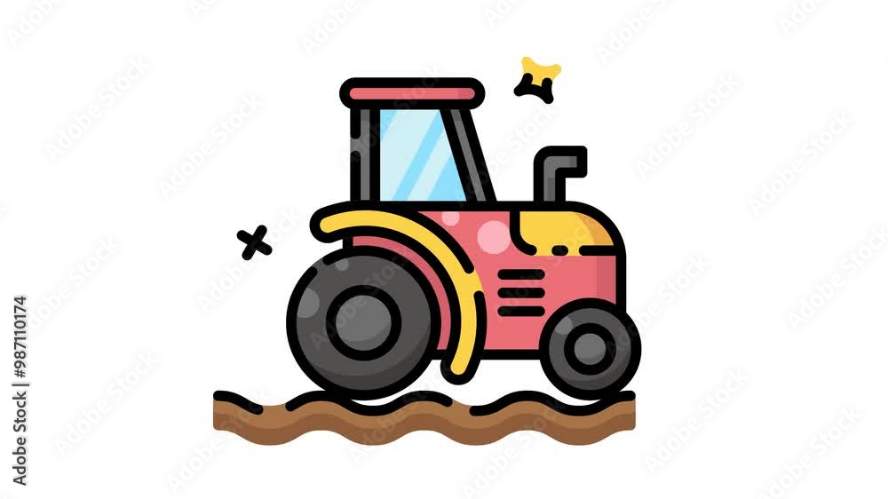 Animated Red tractor on brown ground suitable for agriculture, farming, rural landscapes. Perfect for promoting farming equipment, countryside lifestyle, agricultural services. Animated Red tractor on brown ground suitable for agriculture, farming, rural landscapes. Perfect for promoting farming equipment, countryside lifestyle, agricultural services.
