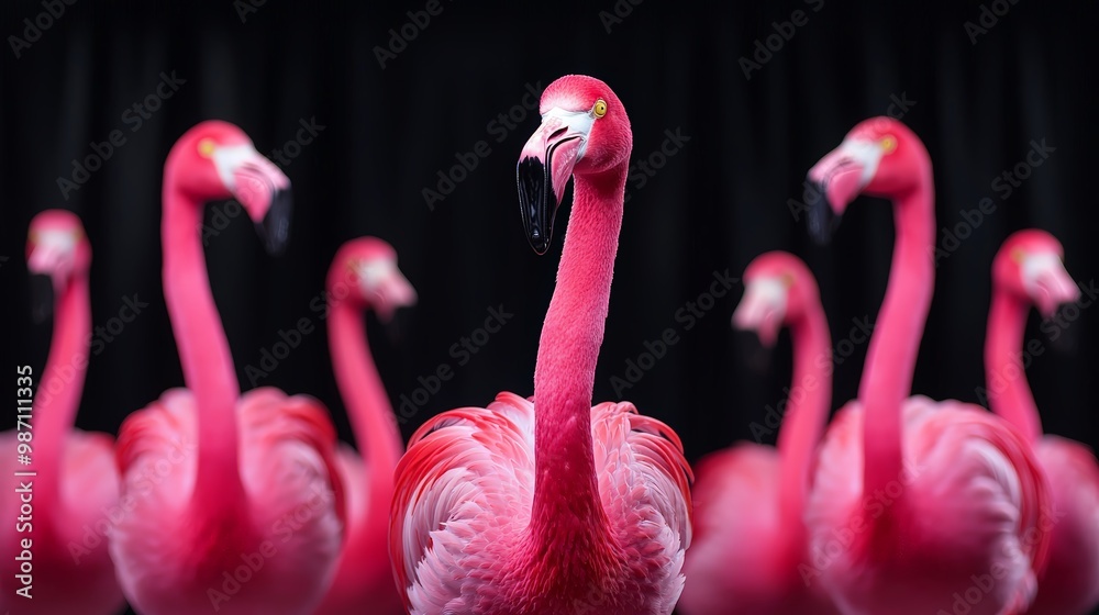 Naklejka premium A flamingo ballet troupe performs for an audience of admiring animals, illustrating the appreciation of art across different groups or the bridging of cultural divides
