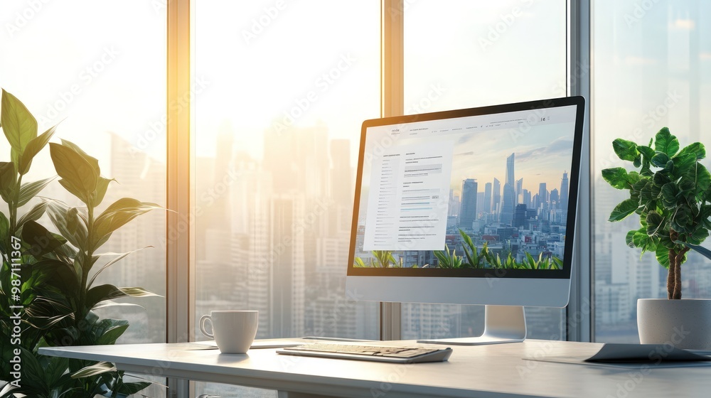 Modern office desk with computer, keyboard, coffee cup, and plants against the backdrop of a city skyline. Modern office desk with computer, keyboard, coffee cup, and plants against the backdrop of a city skyline.