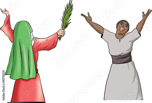 A dark-skinned woman and man in traditional dress proudly hold a green plant, showing cultural heritage and connection to nature.