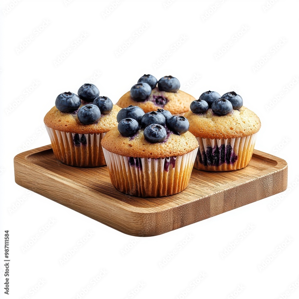Blueberry muffin cake on a wooden tray, isolated on a white background, adding a rustic and homely touch. Blueberry muffin cake on a wooden tray, isolated on a white background, adding a rustic and homely touch.