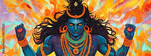 Vibrant Painting of Fierce Protector Deity Bhairava an Avatar of Lord Shiva from Hindu Mythology  Depicts the powerful divine and transcendental energy of this sacred spiritual figure photo