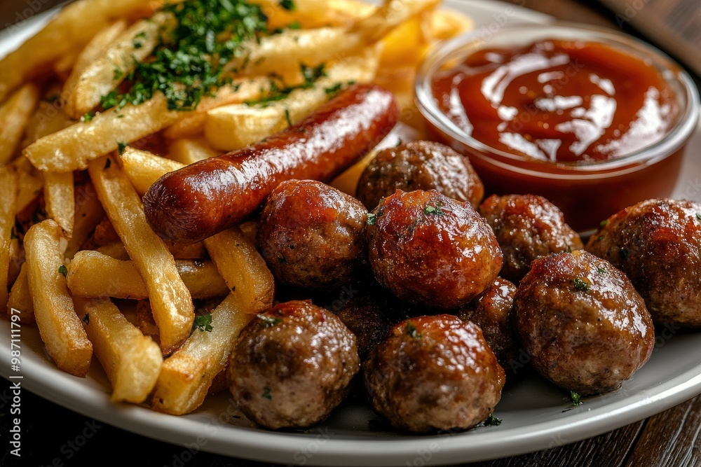 sausages, french fries and meatballs served on a plate with sauce, ai sausages, french fries and meatballs served on a plate with sauce, ai