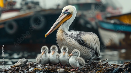 A motherly pelican teaches her chicks to fish along a bustling harbor, representing passing down essential life skills and adapting to busy, modern environments
