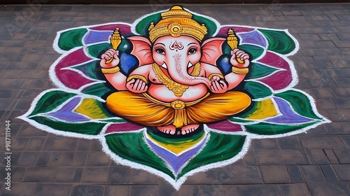 Vibrant Rangoli Artwork Depicting the Hindu Deity Ganesha photo