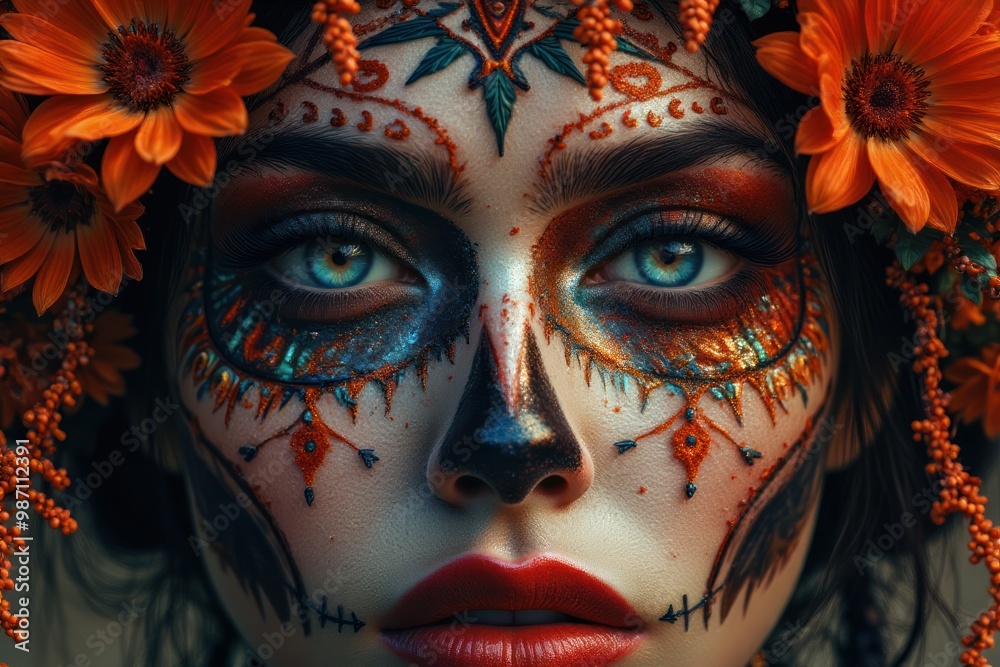 Day of the Dead celebration features a woman with vibrant floral headpiece and intricate face paint Day of the Dead celebration features a woman with vibrant floral headpiece and intricate face paint