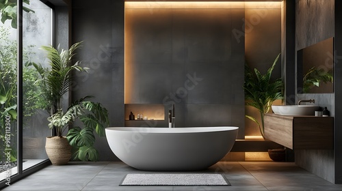 Modern Bathroom with Freestanding Tub,  Plants, and Recessed Lighting photo