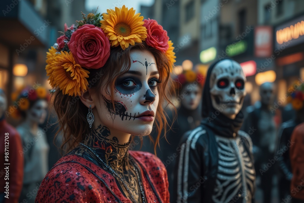 Celebration of life and death events with beautifully decorated figures in traditional attire during a festive gathering Celebration of life and death events with beautifully decorated figures in traditional attire during a festive gathering