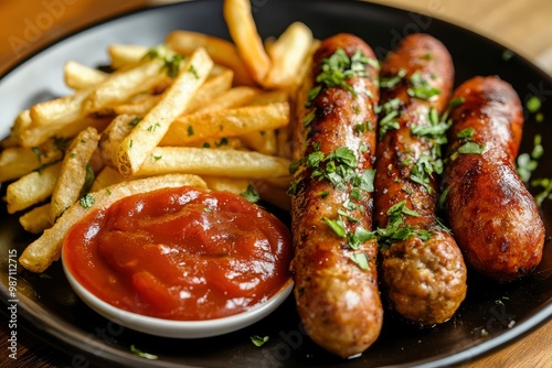 sausages, french fries and meatballs served on a plate with sauce, ai