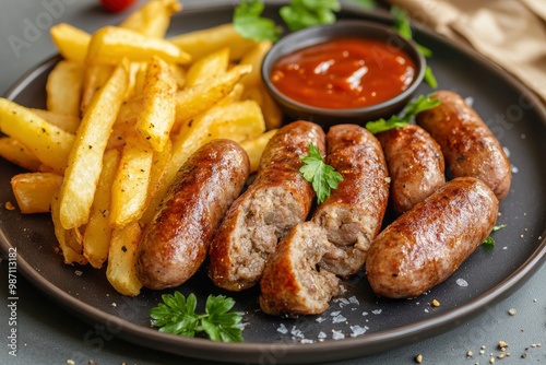 sausages, french fries and meatballs served on a plate with sauce , ai