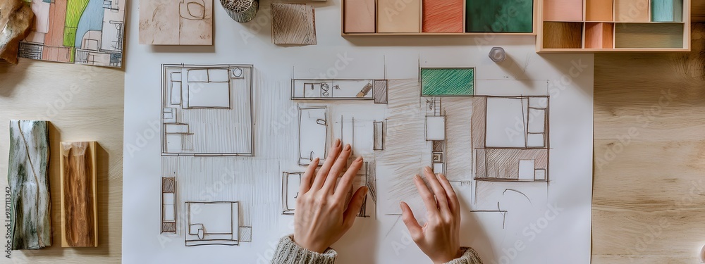 An interior designer is sketching the design of an apartment, with ...