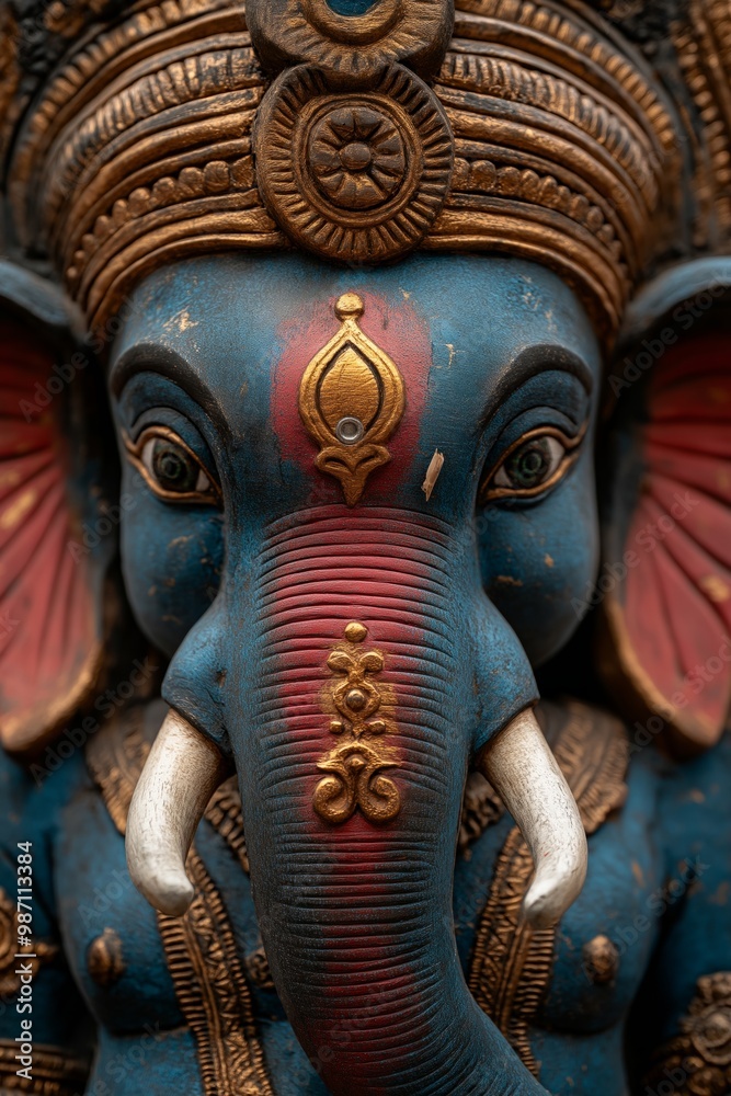 Fototapeta premium Closeup of a blue Ganesha statue with intricate gold details and expressive eyes