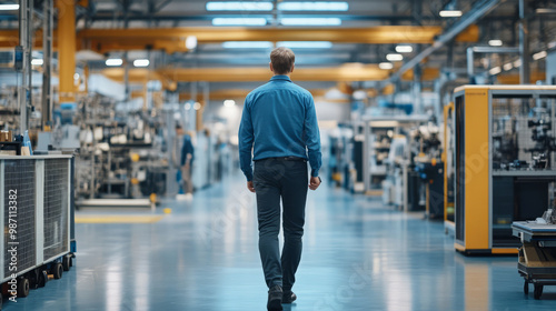 A leader walking through a factory, ensuring employees stay motivated despite uncertain market conditions