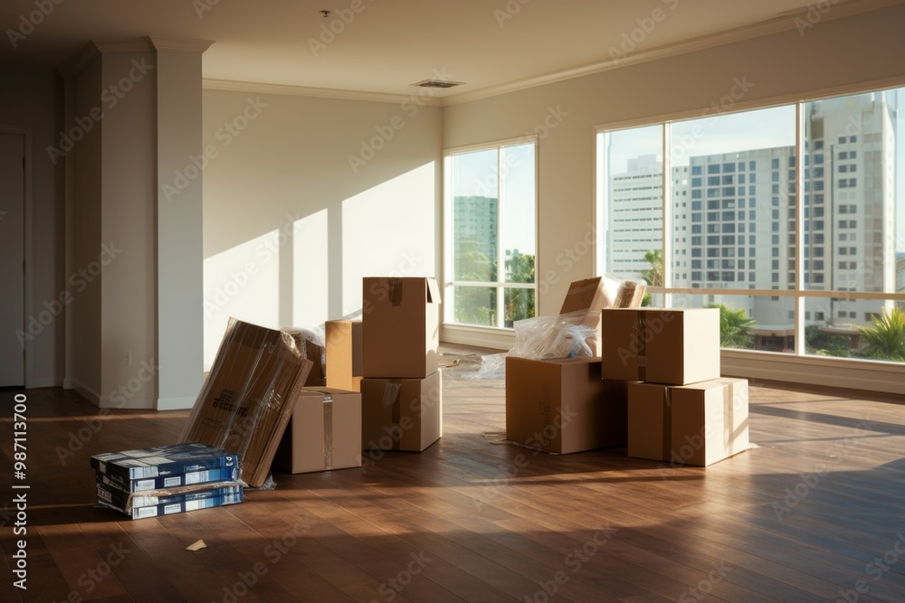 Interior of a empty apartment with moving boxes Interior of a empty apartment with moving boxes