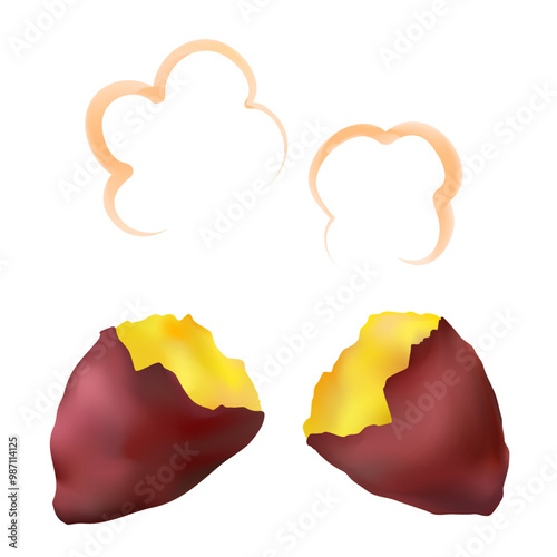 湯気が立っている半分に割ったさつまいも（焼き芋）のベクターイラスト