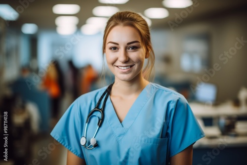 Portrait of a young nurse in scrubs at hospital