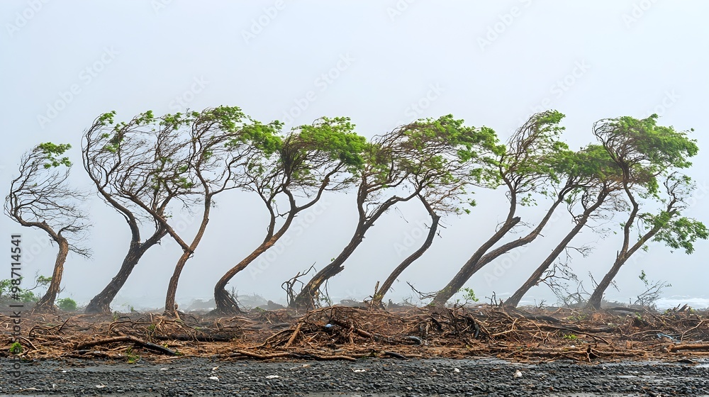 Windswept trees aggressively bent and twisted by the raw unyielding force of a fierce typhoon symbolizing nature s power and the resilience of life in the face of destructive environmental forces Windswept trees aggressively bent and twisted by the raw unyielding force of a fierce typhoon symbolizing nature s power and the resilience of life in the face of destructive environmental forces