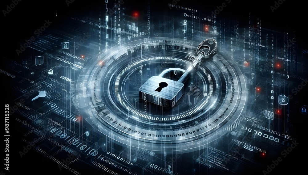 Obraz premium Abstract cyber security concept with key and binary code.