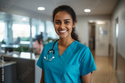 Portrait of a young nurse in scrubs at hospital