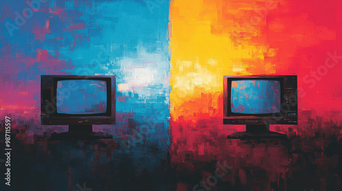 abstract depiction of world split between contrasting colors, featuring two televisions. left side is dominated by cool blue tones, while right side showcases warm orange and red hues, creating